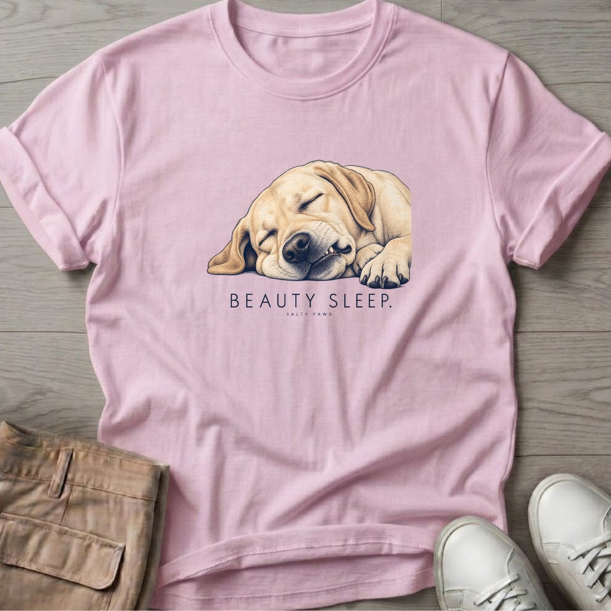 Beauty Sleep Labrador T-Shirt in Light Pink, Salty Paws T-Shirt, front design flat lay