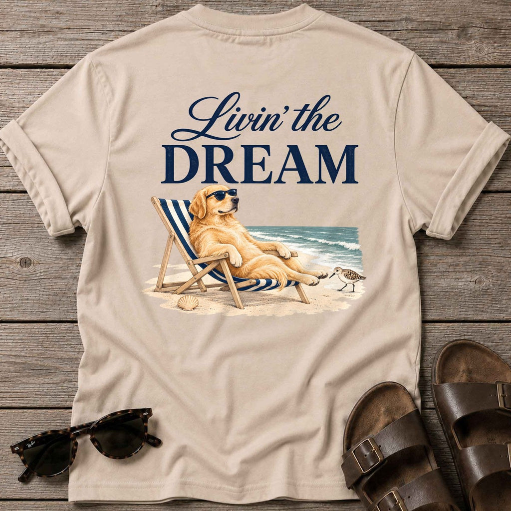 Livin' the Dream Golden Retriever Back Design T-Shirt in Sand, Salty Paws coastal t-shirt