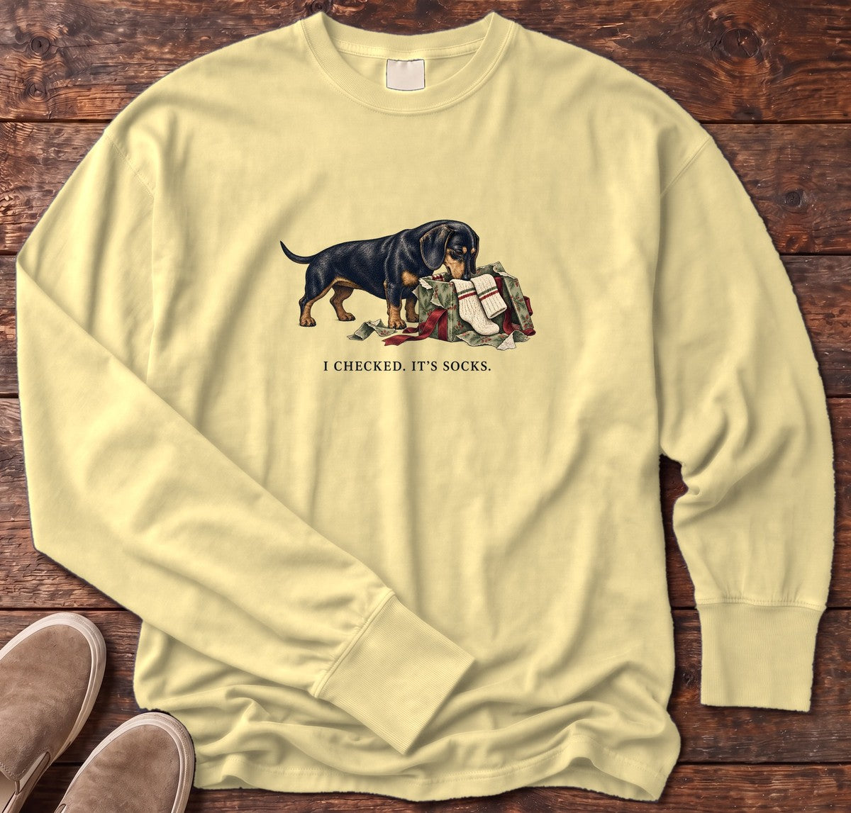I Checked It's Socks Dachshund Long Sleeve Tee in Butter, Salty Paws Comfort Colors Long Sleeve Tee, front design flat lay