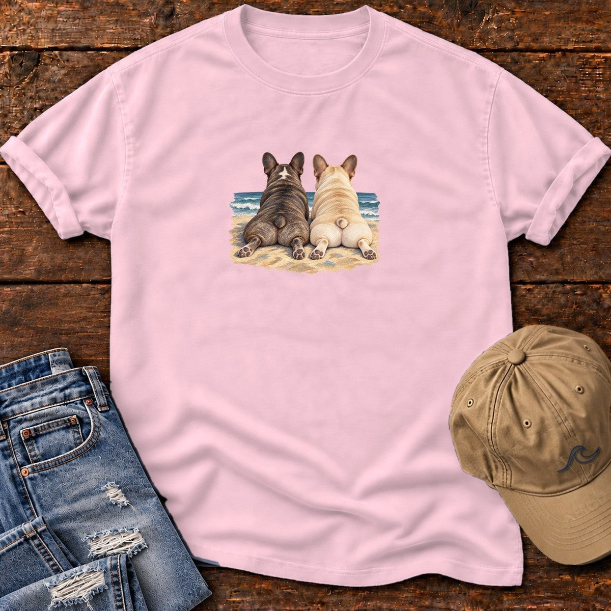 Two French Bulldogs at the Ocean T-Shirt in Blossom, Salty Paws Comfort Colors T-Shirt, front design flat lay