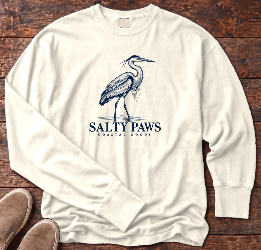 Great Blue Heron Coastal Goods Long Sleeve Tee in Ivory, Salty Paws Comfort Colors Long Sleeve Tee, front design flat lay