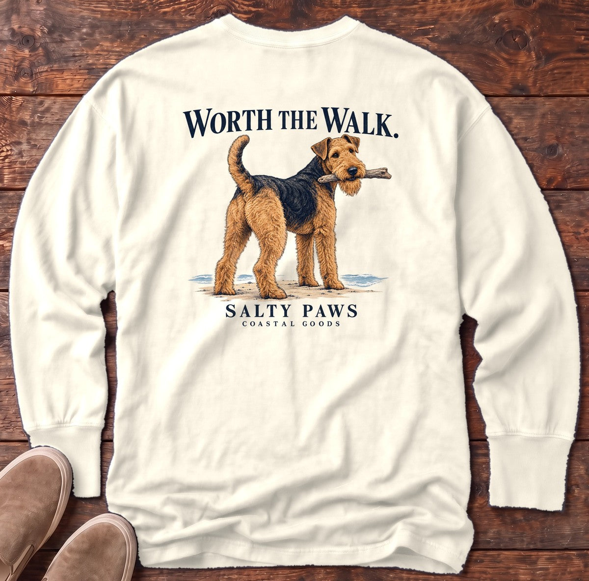 Worth the Walk Airedale Back Design Long Sleeve Tee in Ivory, Salty Paws Comfort Colors Long Sleeve Tee, back design flat lay
