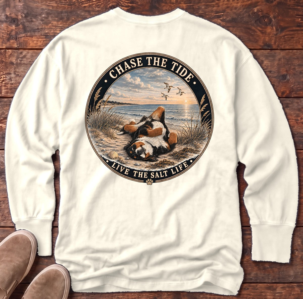 Chase the Tide Bernese Mountain Dog Back Design Long Sleeve Tee in Ivory, Salty Paws Comfort Colors long sleeve tee