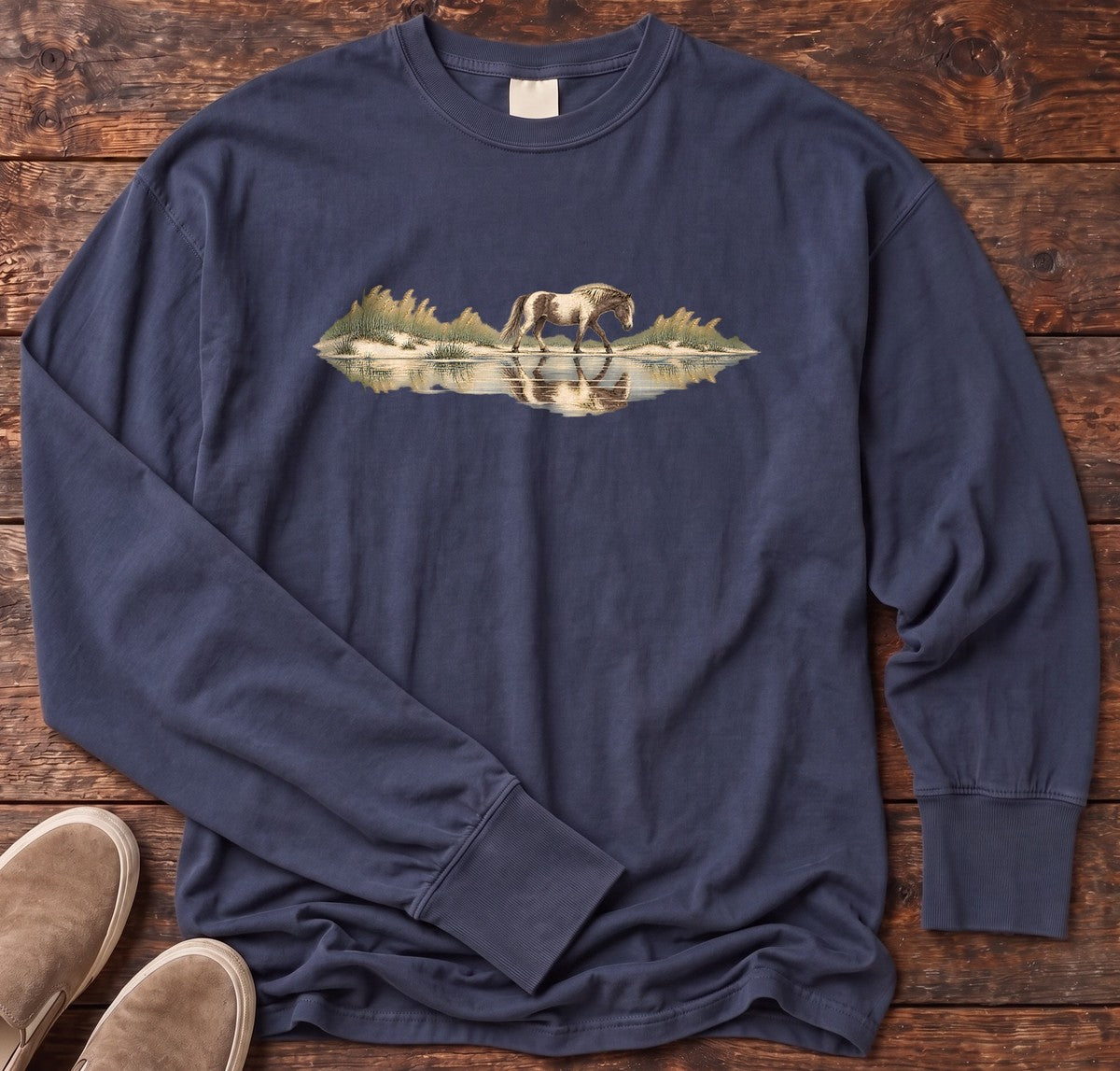 Assateague Pony Long Sleeve Tee in True Navy, Salty Paws Comfort Colors long sleeve tee