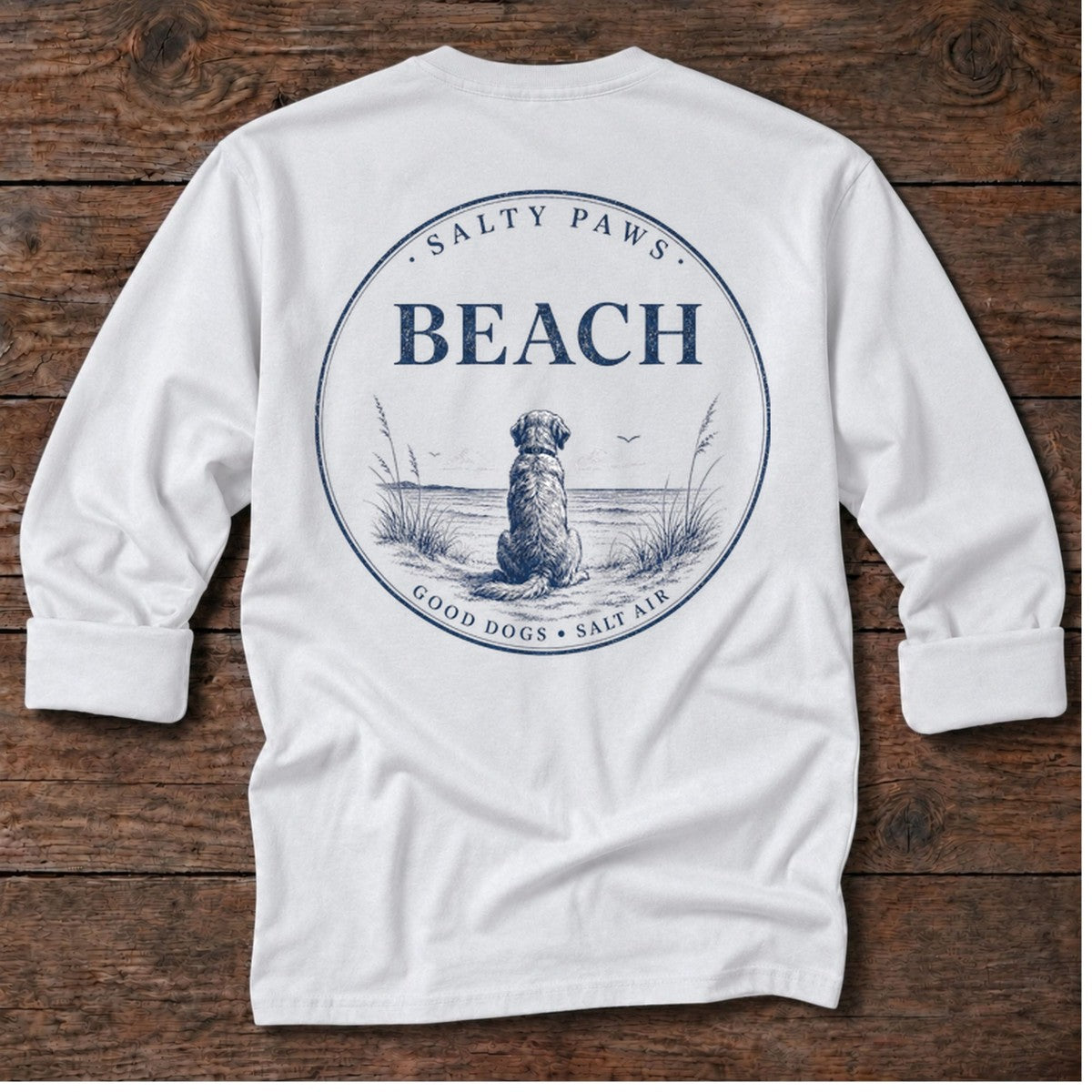 Beach Good Dogs Back Design T-Shirt in White, Salty Paws coastal long sleeve tee