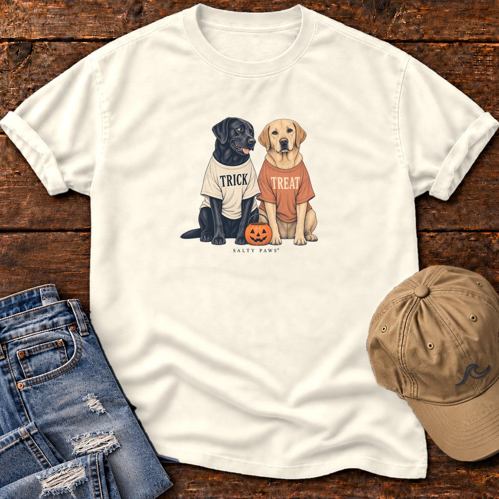 Trick or Treat Labs T-Shirt in Ivory, Salty Paws Comfort Colors T-Shirt, front design flat lay