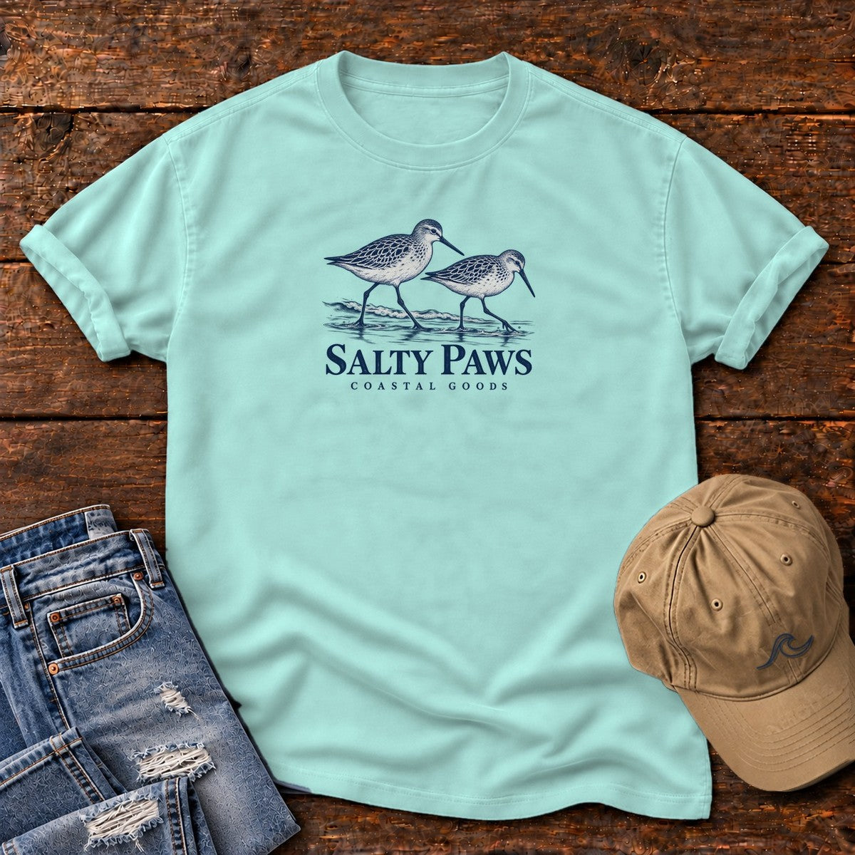 Two Sandpipers T-Shirt in Chalky Mint, Salty Paws Comfort Colors T-Shirt, front design flat lay