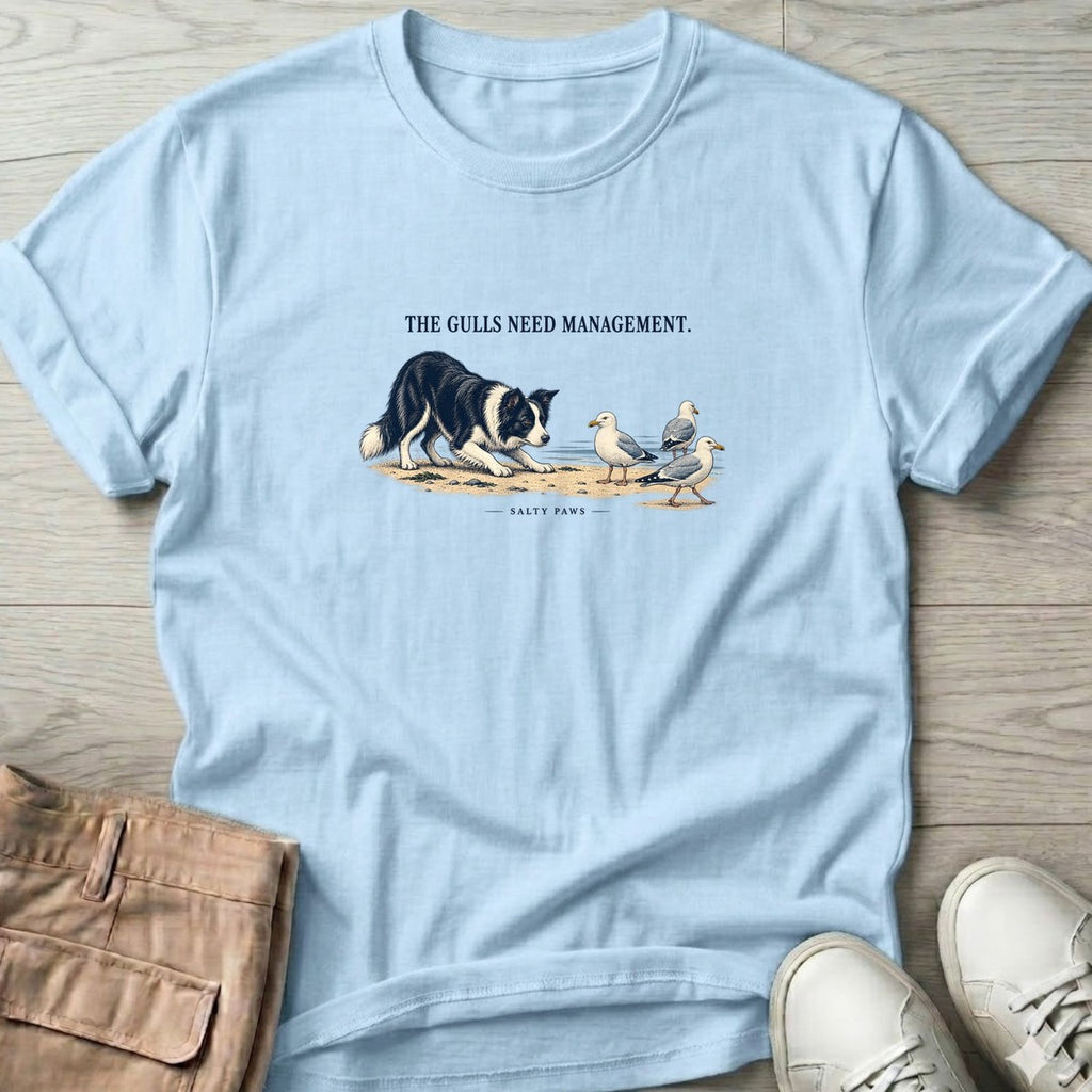 The Gulls Need Management Border Collie T-Shirt in Light Blue, Salty Paws T-Shirt, front design flat lay