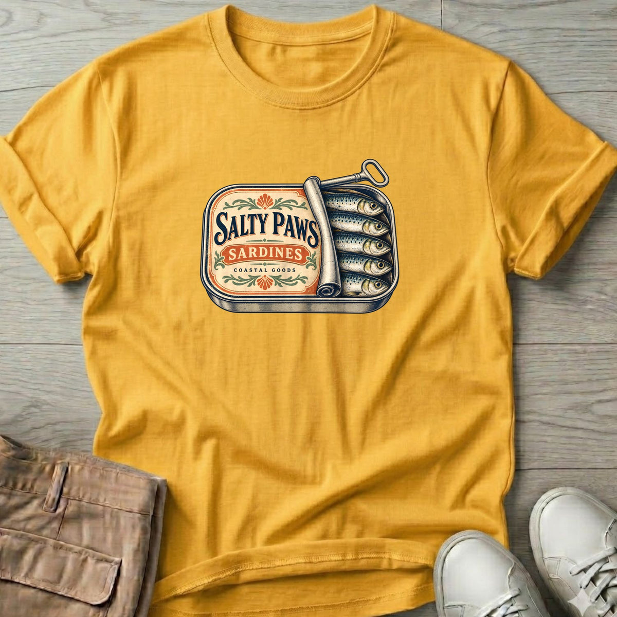 Salty Paws Sardines Coastal Goods T-Shirt in Daisy, Salty Paws T-Shirt, front design flat lay