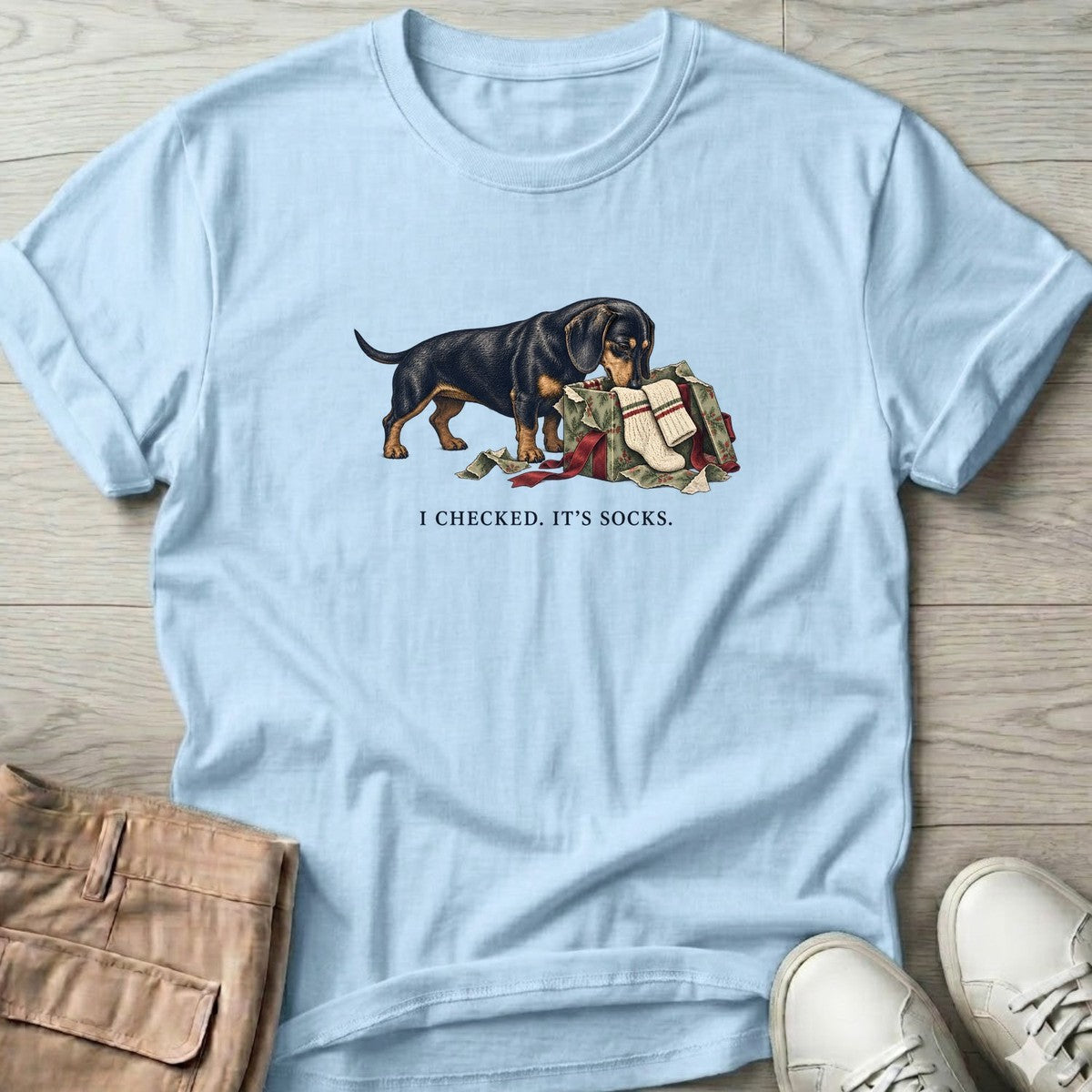 I Checked It's Socks Dachshund T-Shirt in Light Blue, Salty Paws T-Shirt, front design flat lay