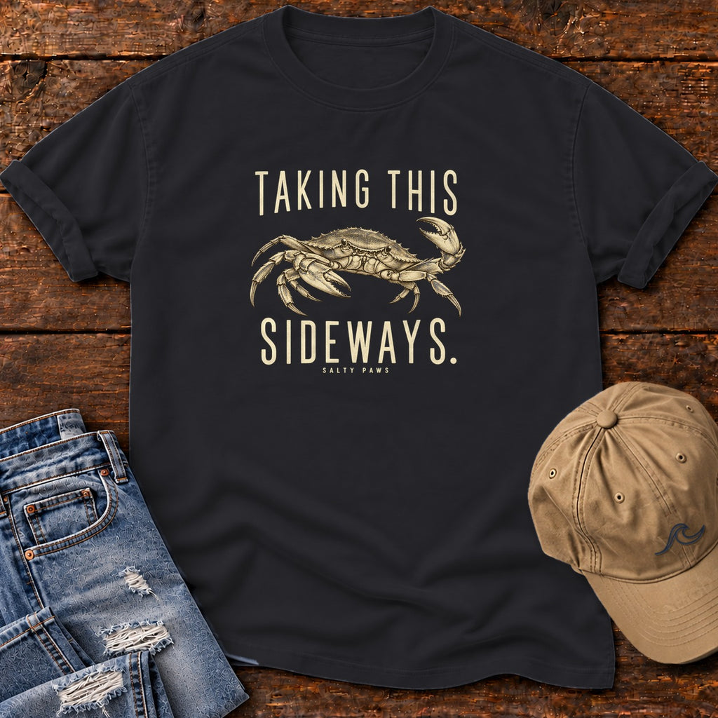 Taking This Sideways Crab T-Shirt in Black, Salty Paws Comfort Colors T-Shirt, front design flat lay