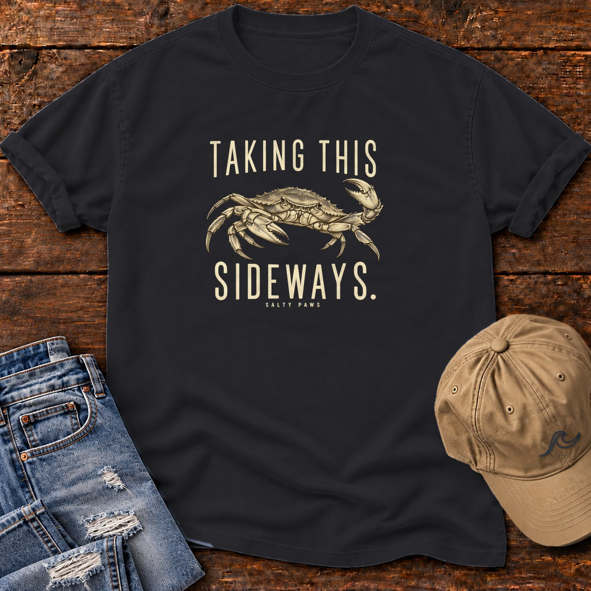 Taking This Sideways Crab T-Shirt in Black, Salty Paws Comfort Colors T-Shirt, front design flat lay