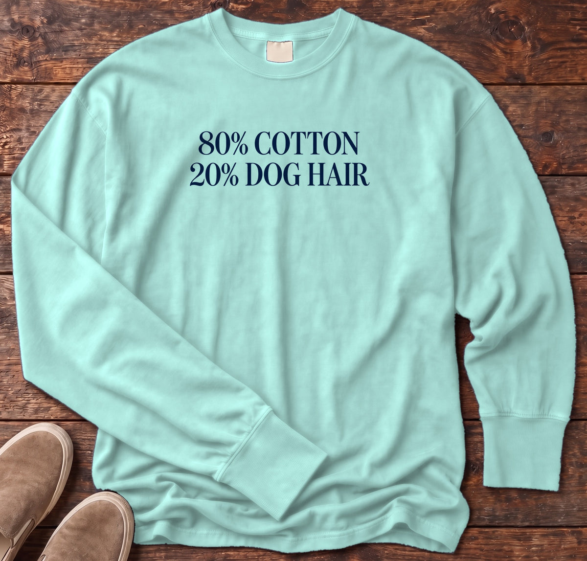 80% Cotton 20% Dog Hair Long Sleeve Tee in Chalky Mint, Salty Paws Comfort Colors Long Sleeve Tee, front design flat lay