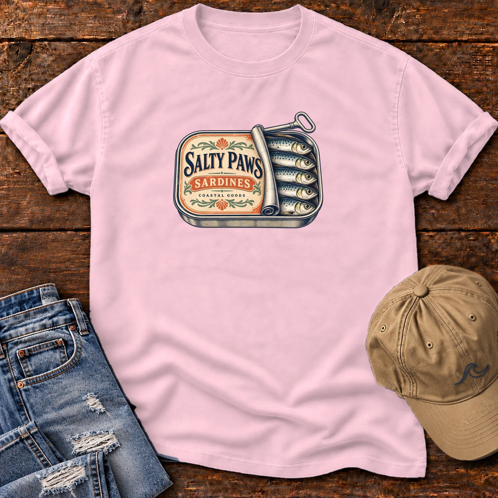 Salty Paws Sardines Coastal Goods T-Shirt in Blossom, Salty Paws Comfort Colors T-Shirt, front design flat lay