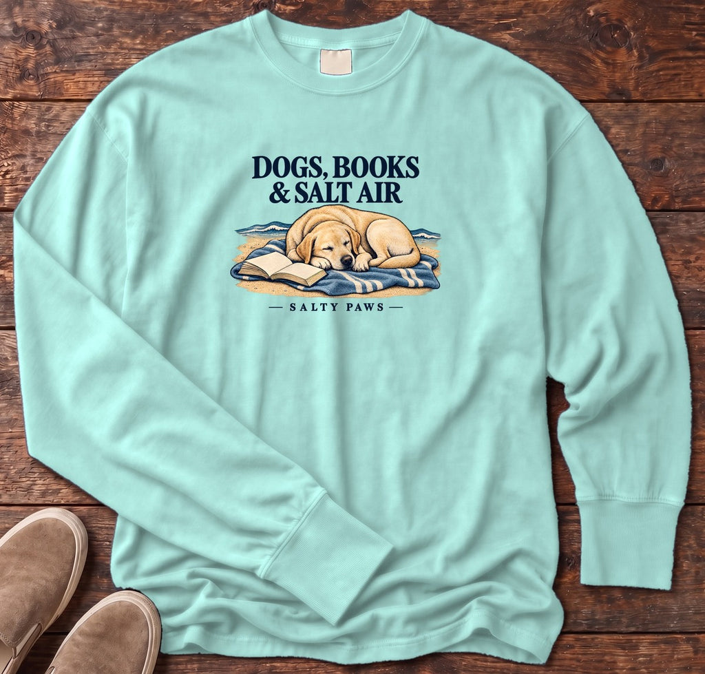 Dogs, Books & Salt Air Yellow Lab Long Sleeve Tee in Chalky Mint, Salty Paws Comfort Colors Long Sleeve Tee, front design flat lay