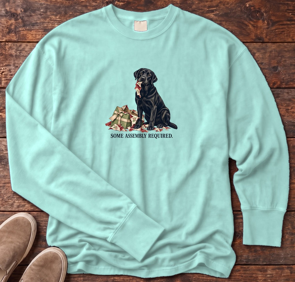 Some Assembly Required Black Lab Long Sleeve Tee in Chalky Mint, Salty Paws Comfort Colors Long Sleeve Tee, front design flat lay