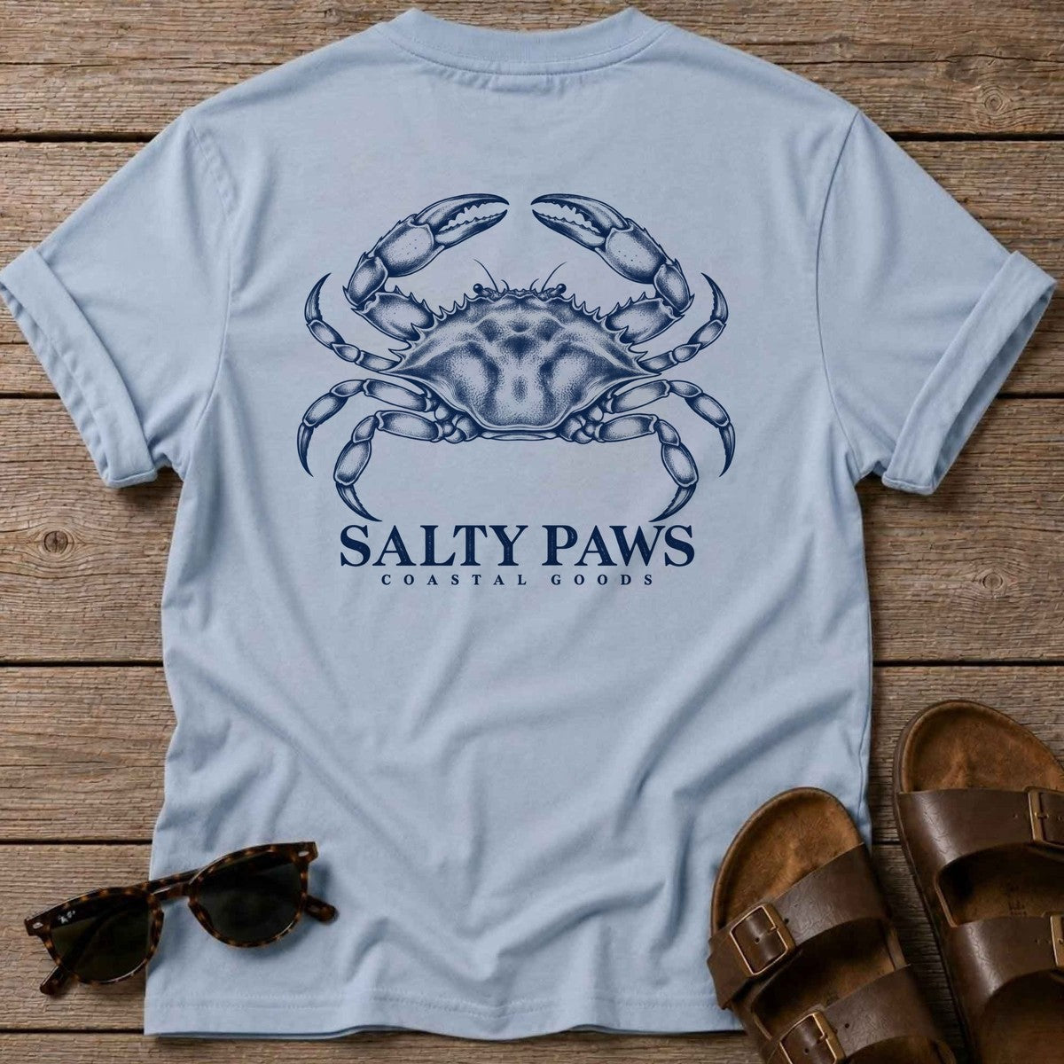 Blue Crab Coastal Goods Back Design T-Shirt in Light Blue, Salty Paws T-Shirt, back design flat lay