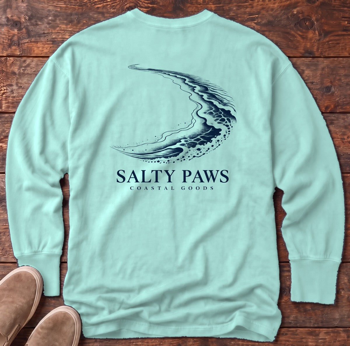 Crescent Shoreline Coastal Goods Back Design Long Sleeve Tee in Chalky Mint, Salty Paws Comfort Colors Long Sleeve Tee, back design flat lay