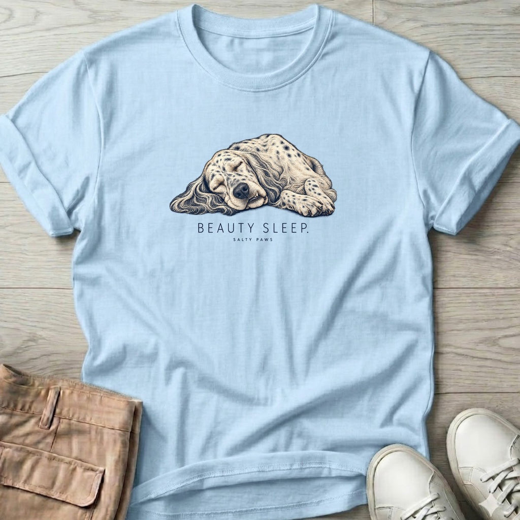 Beauty Sleep English Setter T-Shirt in Light Blue, Salty Paws T-Shirt, front design flat lay