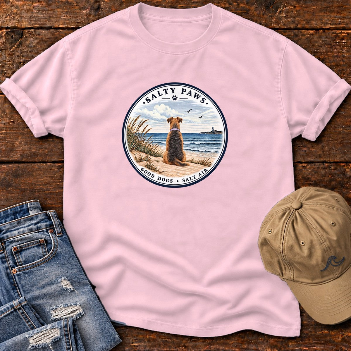 Good Dogs Salt Air Airedale T-Shirt in Blossom, Salty Paws Comfort Colors T-Shirt, front design flat lay