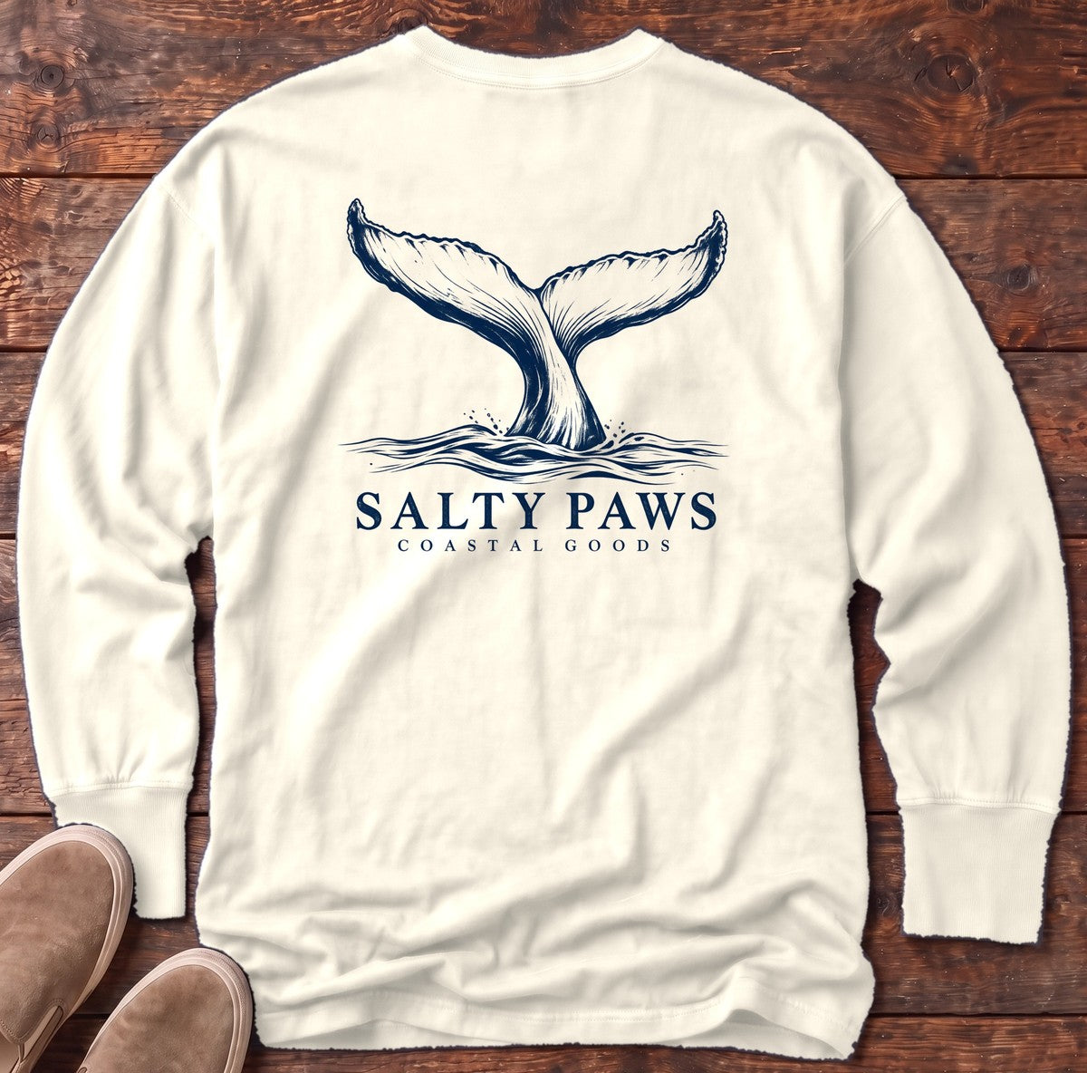 Humpback Tail Coastal Goods Back Design Long Sleeve Tee in Ivory, Salty Paws Comfort Colors Long Sleeve Tee, back design flat lay