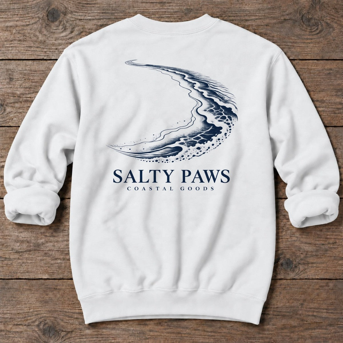 Crescent Shoreline Coastal Goods Back Design Midweight Sweatshirt in White, Salty Paws Midweight Sweatshirt, back design flat lay
