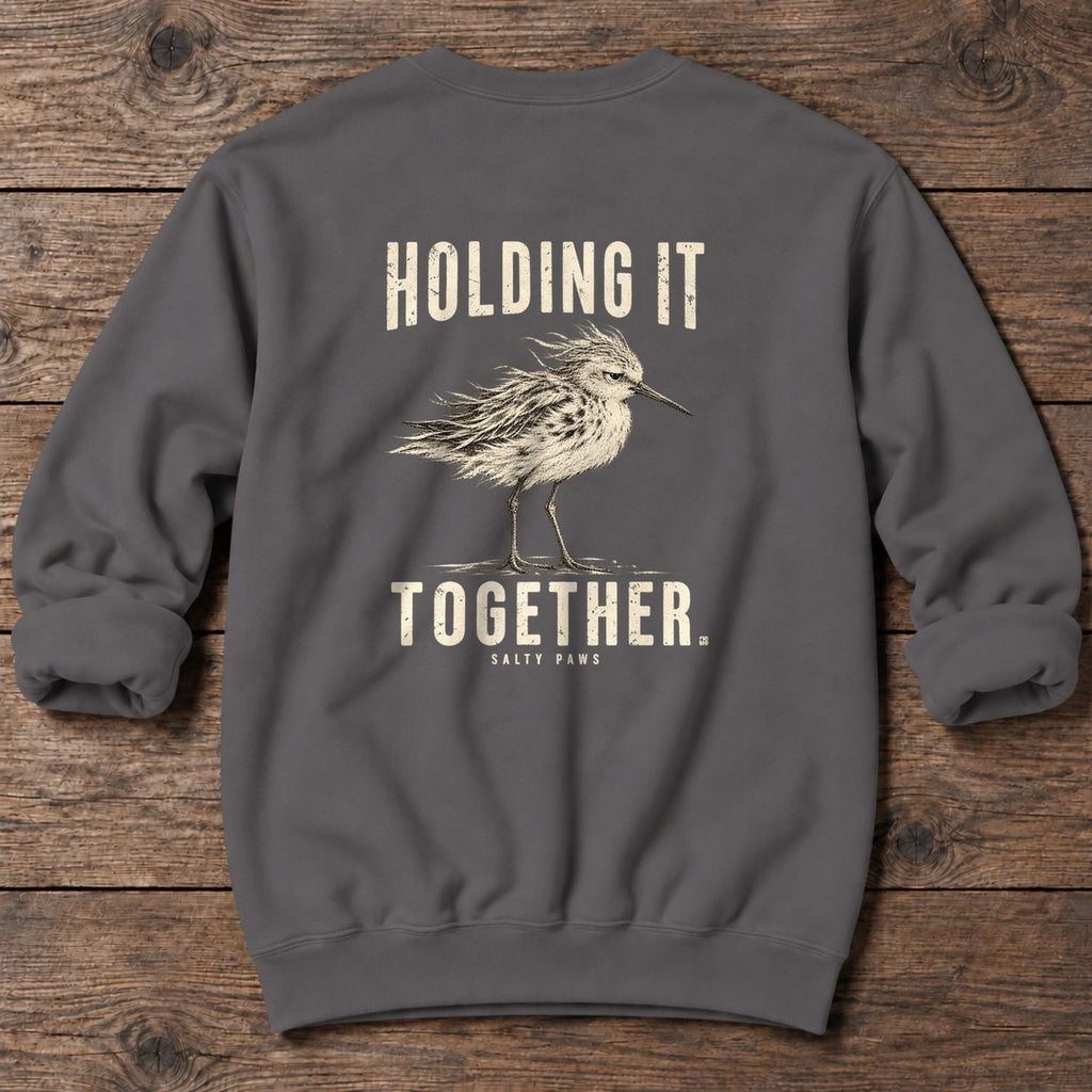 Holding It Together Sandpiper Back Design Midweight Sweatshirt in Charcoal, Salty Paws Midweight Sweatshirt, back design flat lay