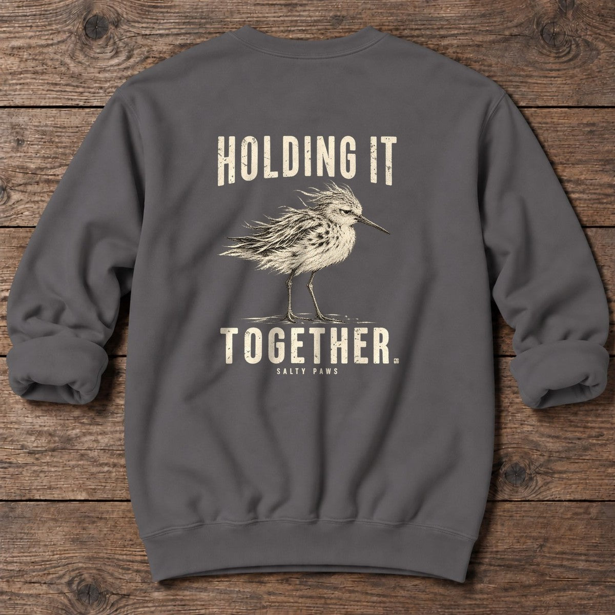 Holding It Together Sandpiper Back Design Midweight Sweatshirt in Charcoal, Salty Paws Midweight Sweatshirt, back design flat lay