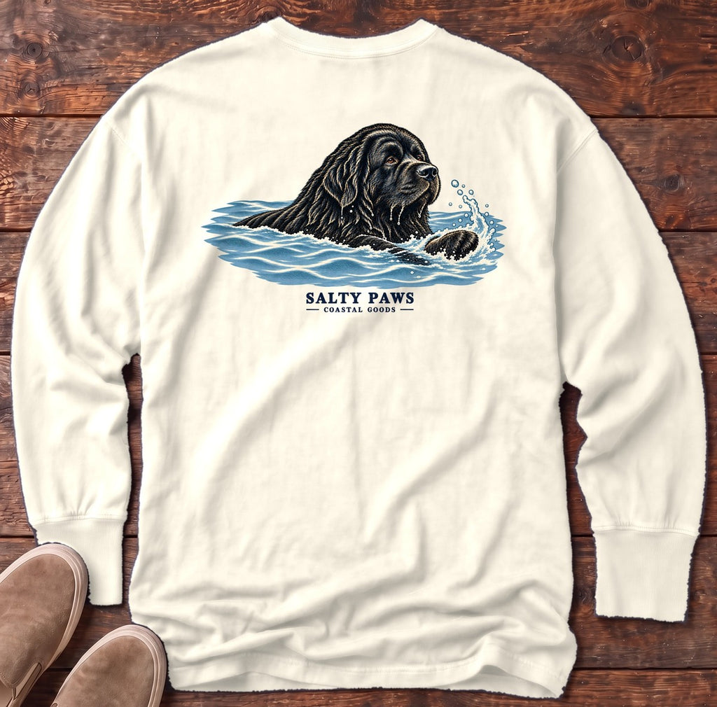 Swimming Newfoundland Back Design Long Sleeve Tee in Ivory, Salty Paws Comfort Colors Long Sleeve Tee, back design flat lay