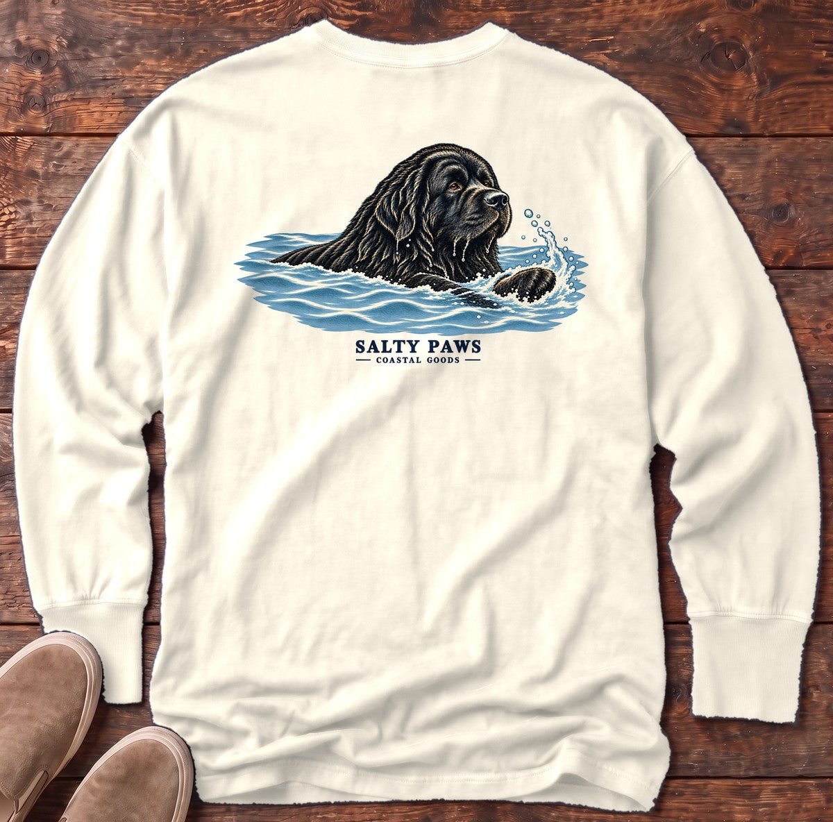 Swimming Newfoundland Back Design Long Sleeve Tee in Ivory, Salty Paws Comfort Colors Long Sleeve Tee, back design flat lay