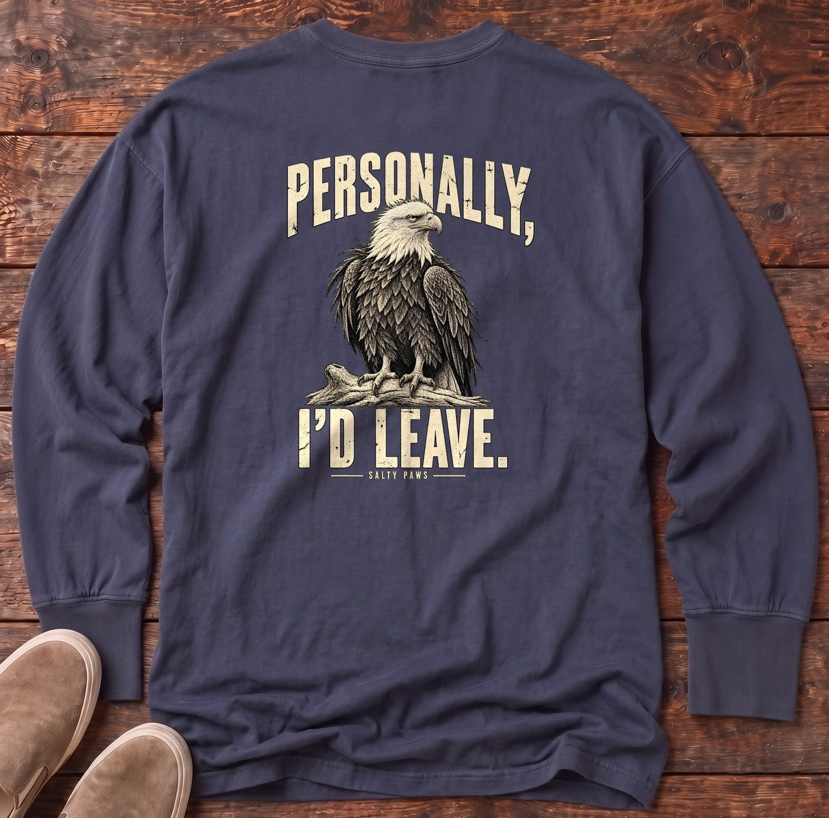 Personally I'd Leave Eagle Back Design Long Sleeve Tee in True Navy, Salty Paws Comfort Colors Long Sleeve Tee, back design flat lay