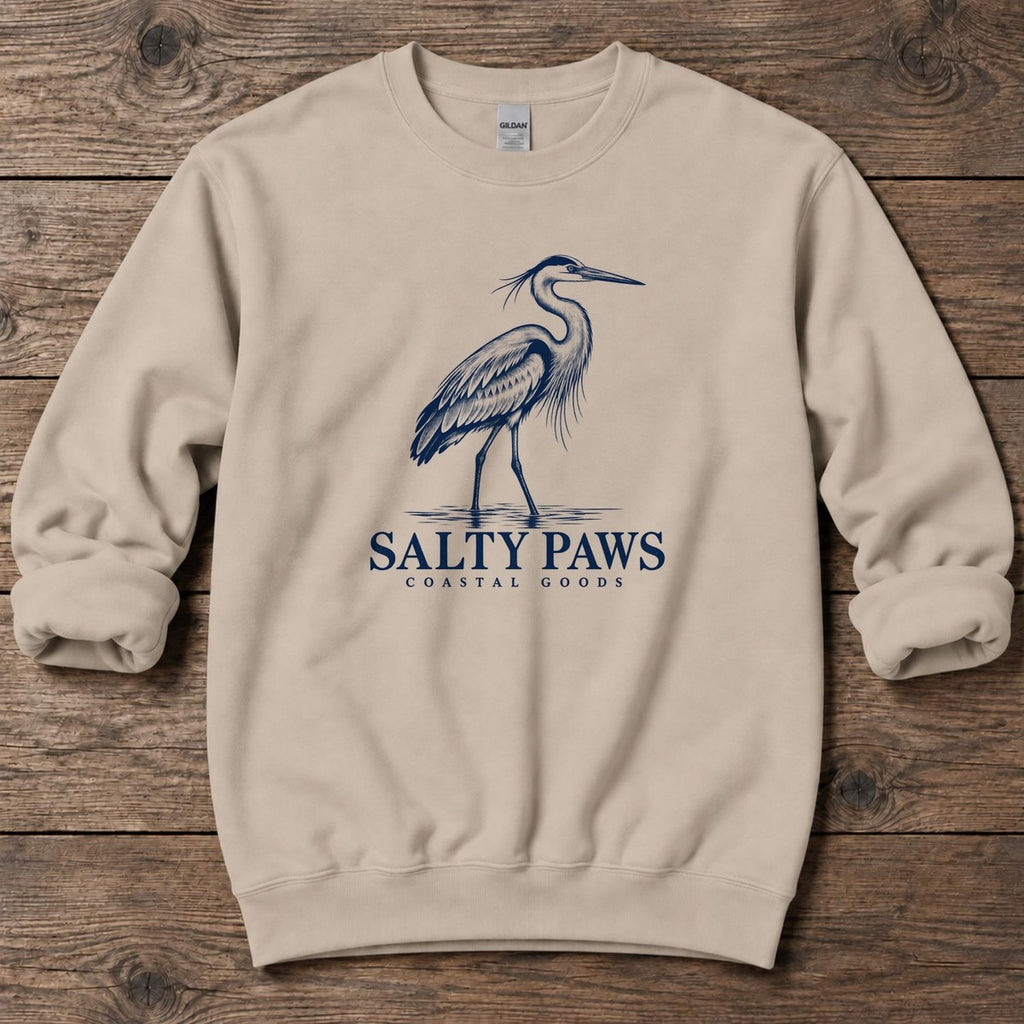 Great Blue Heron Coastal Goods Midweight Sweatshirt in Sand, Salty Paws Midweight Sweatshirt, front design flat lay