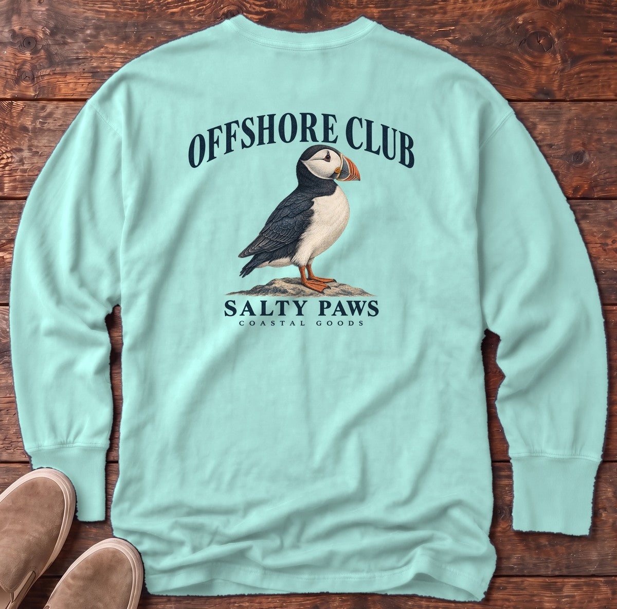 Offshore Club Puffin Salty Paws Coastal Goods Back Design Long Sleeve Tee in Chalky Mint, Salty Paws Comfort Colors Long Sleeve Tee, back design flat lay
