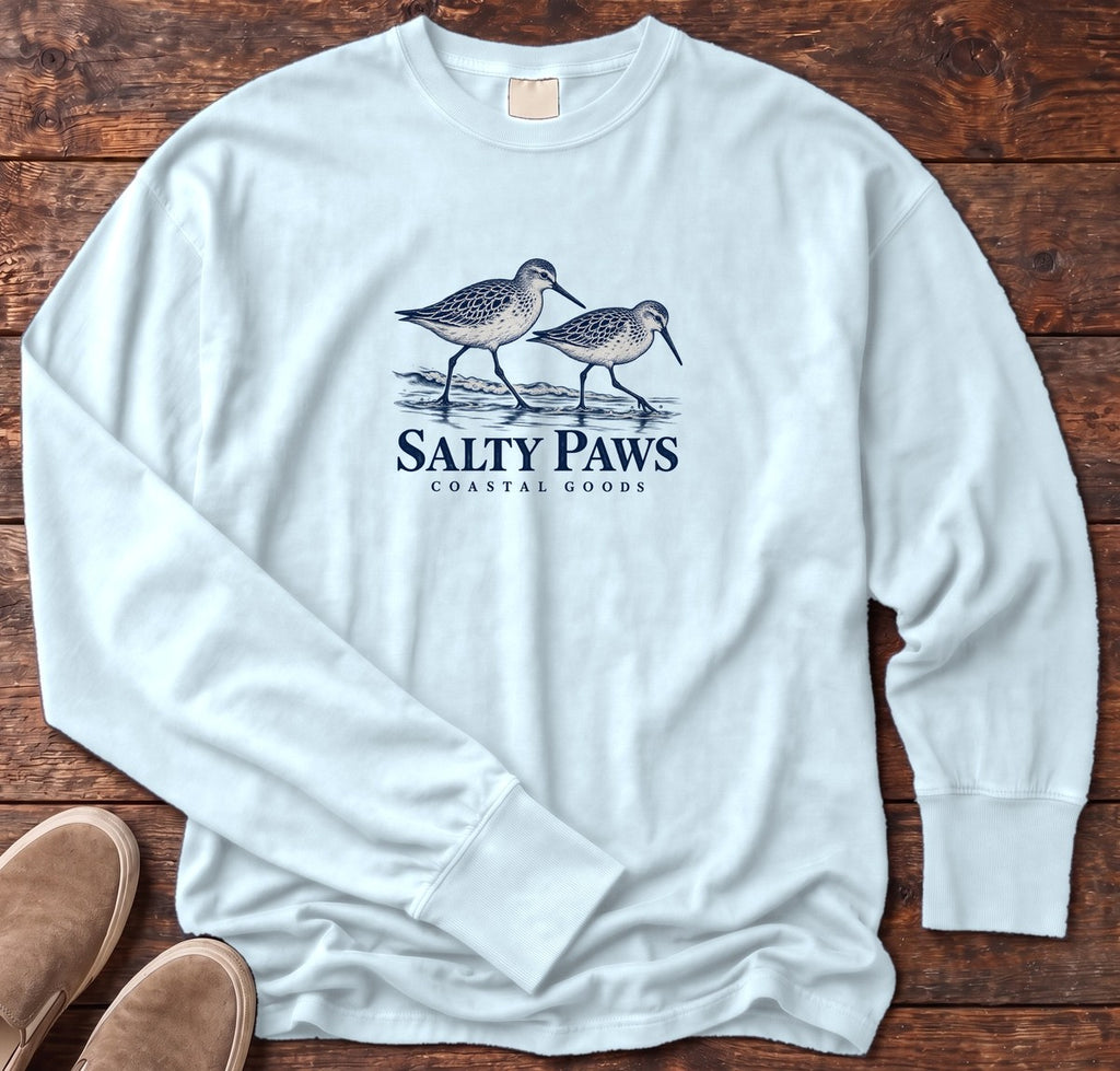 Two Sandpipers Long Sleeve Tee in Chambray, Salty Paws Comfort Colors Long Sleeve Tee, front design flat lay