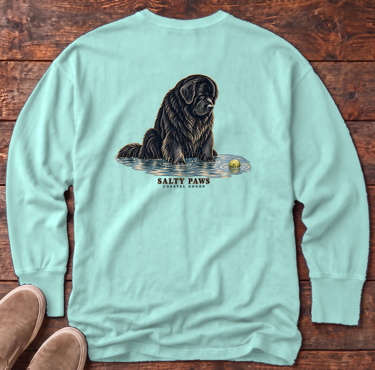 Newfoundland Ball Back Design Long Sleeve Tee in Chalky Mint, Salty Paws Comfort Colors Long Sleeve Tee, back design flat lay