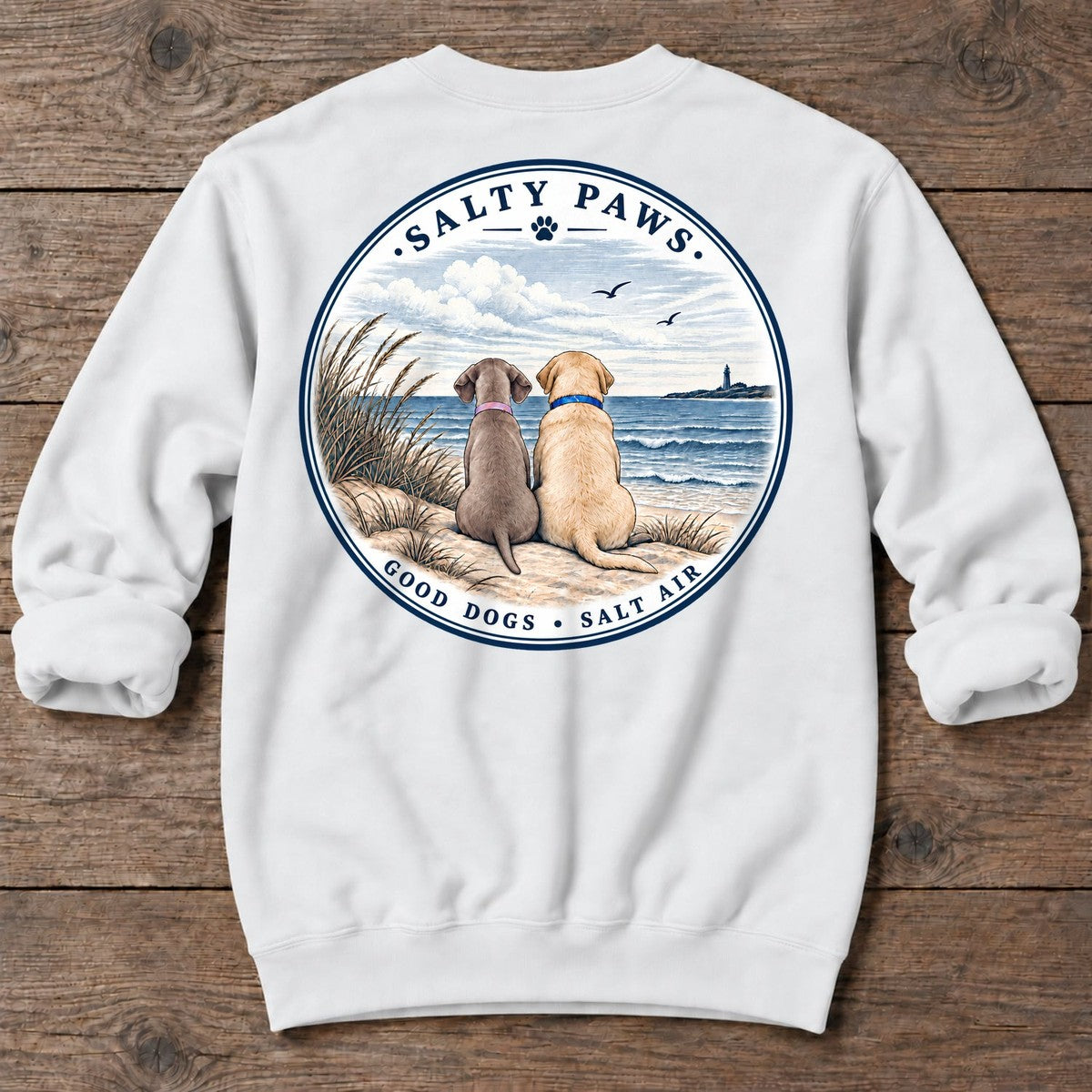 Beach Pelican Weim/Golden - Midweight Sweatshirt in White, Salty Paws coastal sweatshirt