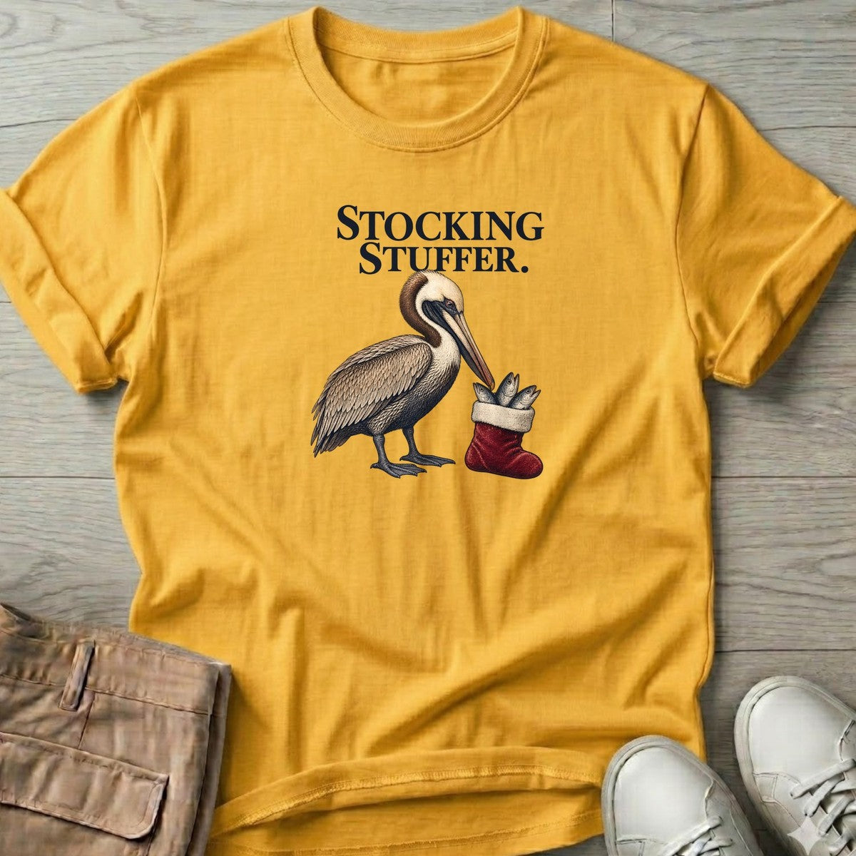 Stocking Stuffer Pelican T-Shirt in Daisy, Salty Paws T-Shirt, front design flat lay