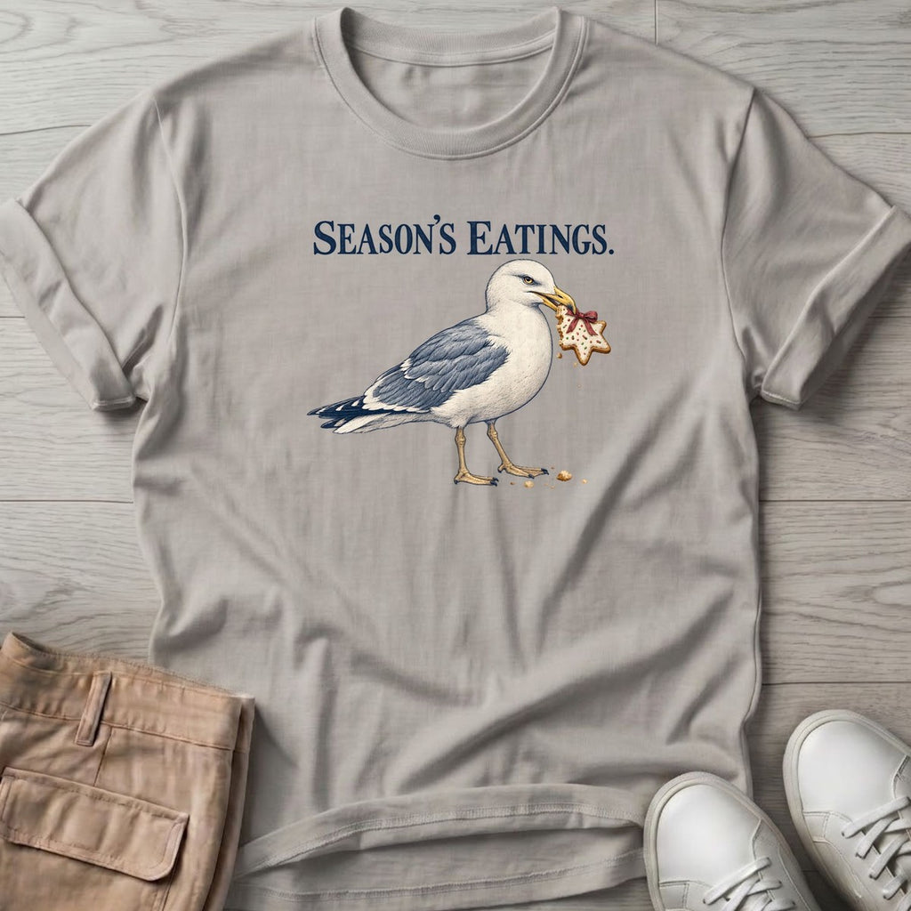Season's Eatings Seagull T-Shirt in Ice Grey, Salty Paws T-Shirt, front design flat lay