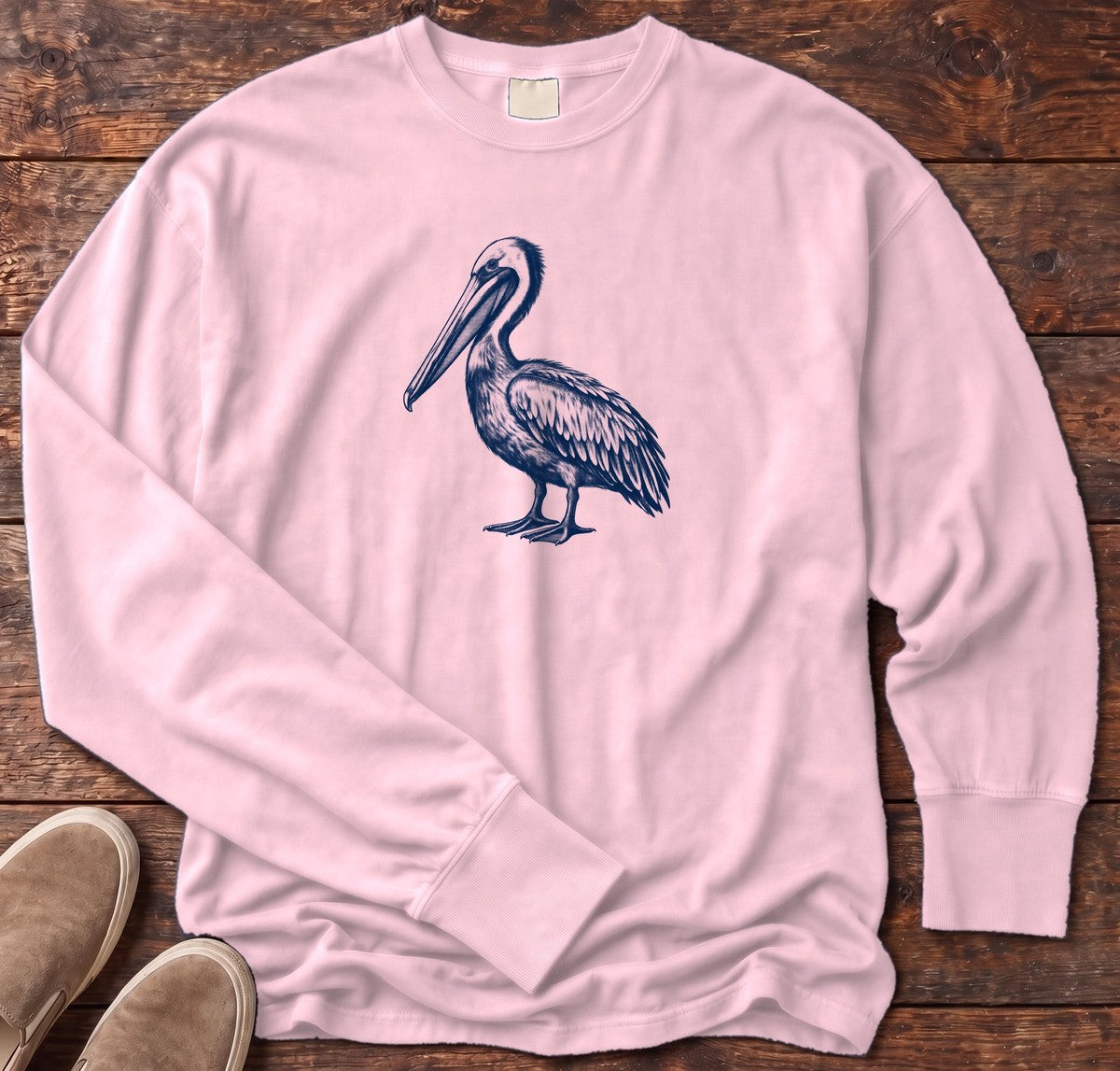 Navy Pelican Portrait Long Sleeve Tee in Blossom, Salty Paws Comfort Colors Long Sleeve Tee, front design flat lay