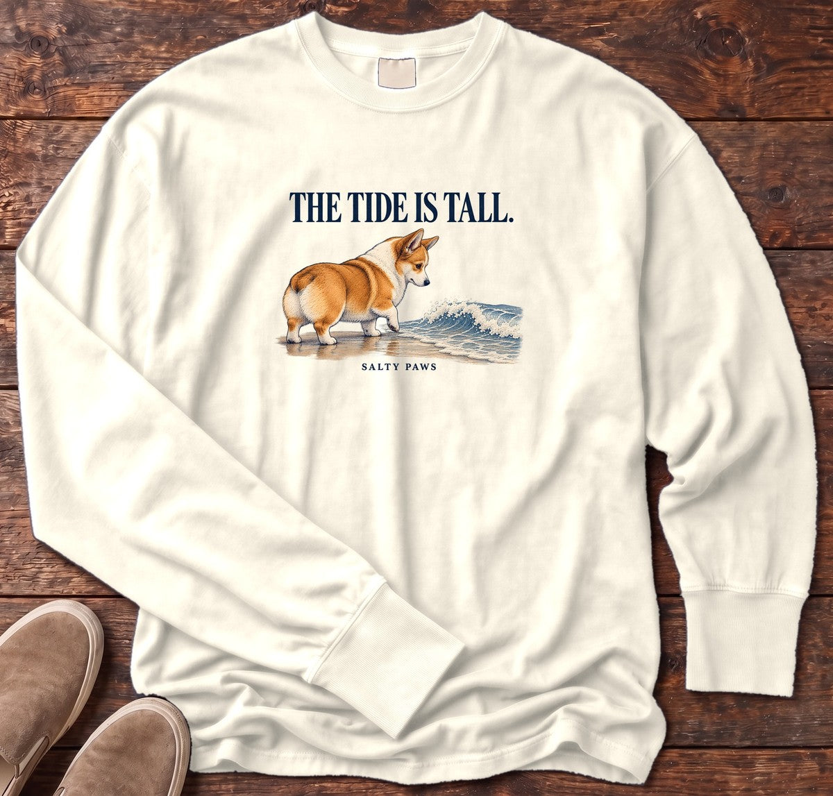 The Tide Is Tall Corgi Long Sleeve Tee in Ivory, Salty Paws Comfort Colors Long Sleeve Tee, front design flat lay