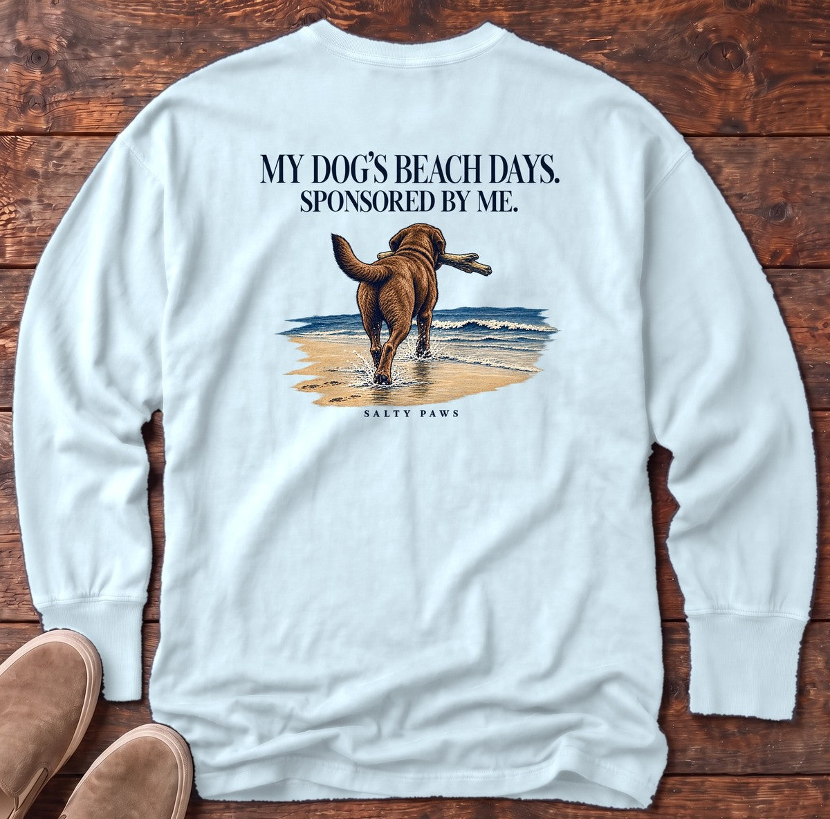 Beach Days Sponsored by Me Chocolate Lab Back Design Long Sleeve Tee in Chambray, Salty Paws Comfort Colors Long Sleeve Tee, back design flat lay