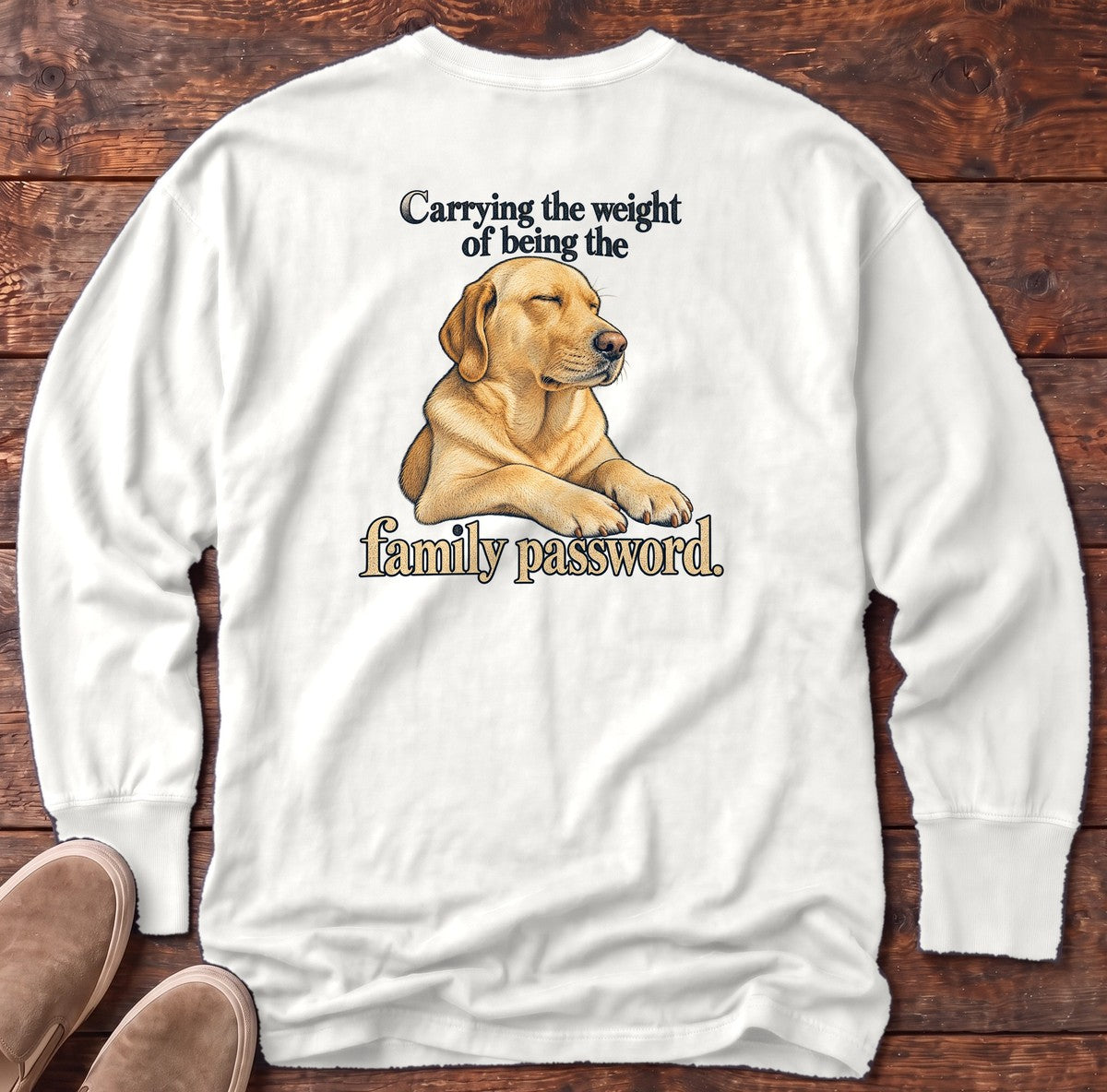 Family Password Labrador Back Design Long Sleeve Tee in White, Salty Paws Comfort Colors Long Sleeve Tee, back design flat lay