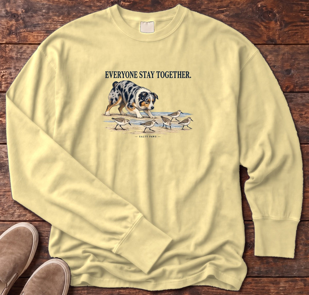 Everyone Stay Together Australian Shepherd Long Sleeve Tee in Butter, Salty Paws Comfort Colors Long Sleeve Tee, front design flat lay