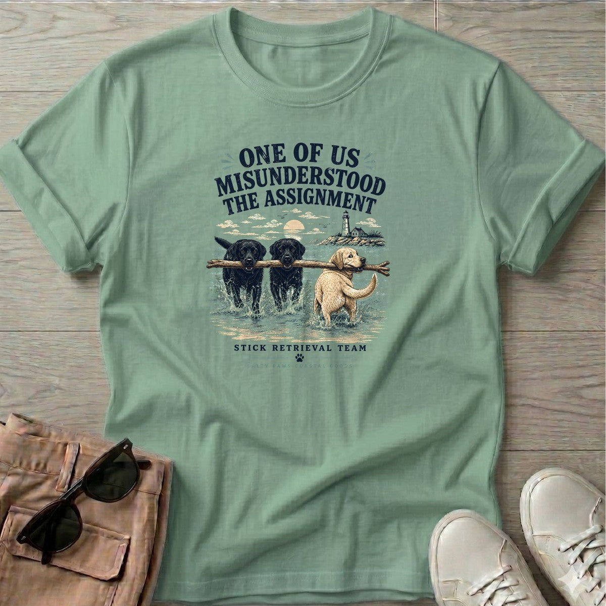 One of Us Misunderstood the Assignment Labs T-Shirt in Sage, Salty Paws coastal t-shirt