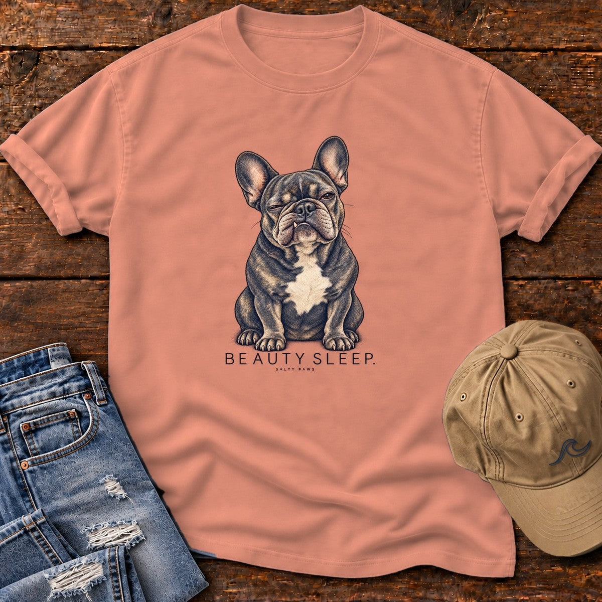 Beauty Sleep French Bulldog T-Shirt in Terracotta, Salty Paws Comfort Colors T-Shirt, front design flat lay