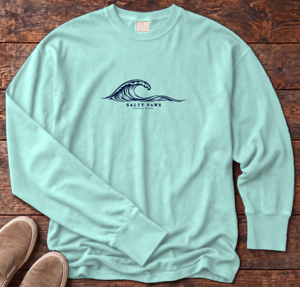 Salty Paws Coastal Wave Long Sleeve Tee in Chalky Mint, Salty Paws Comfort Colors Long Sleeve Tee, front design flat lay