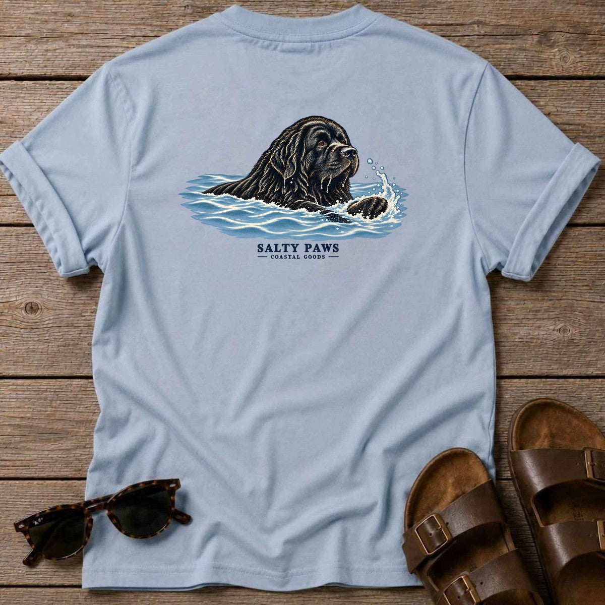 Swimming Newfoundland Back Design T-Shirt in Light Blue, Salty Paws T-Shirt, back design flat lay