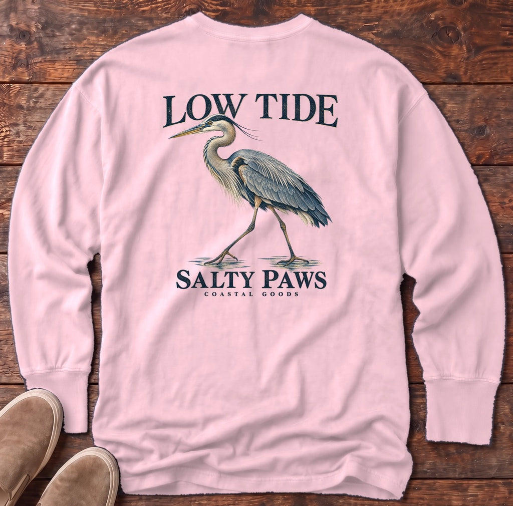 Low Tide Heron Salty Paws Coastal Goods Back Design Long Sleeve Tee in Blossom, Salty Paws Comfort Colors Long Sleeve Tee, back design flat lay