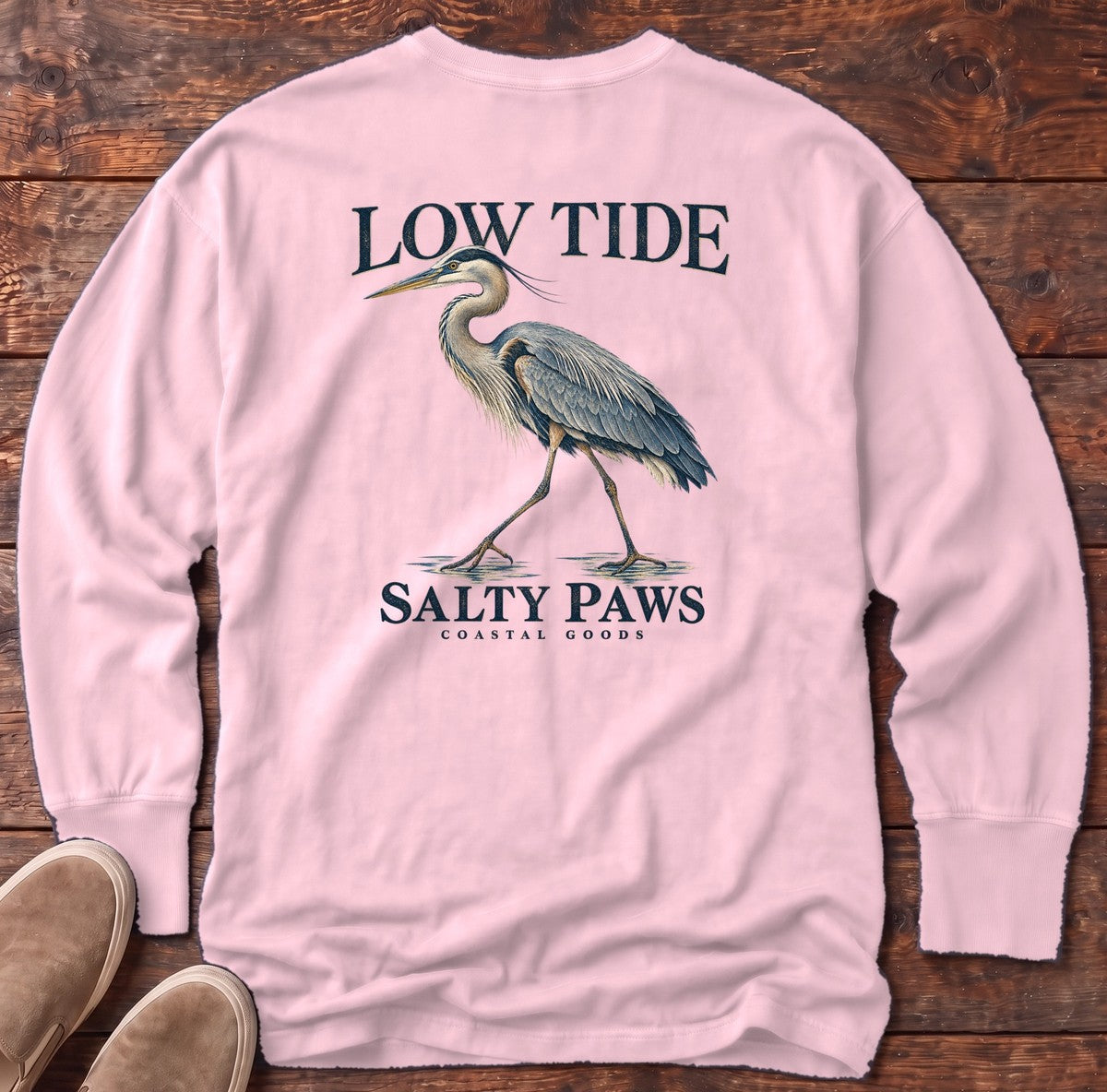 Low Tide Heron Salty Paws Coastal Goods Back Design Long Sleeve Tee in Blossom, Salty Paws Comfort Colors Long Sleeve Tee, back design flat lay