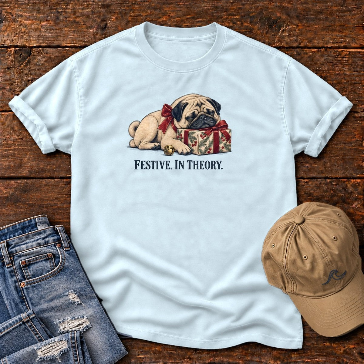 Festive in Theory Pug T-Shirt in Chambray, Salty Paws Comfort Colors T-Shirt, front design flat lay